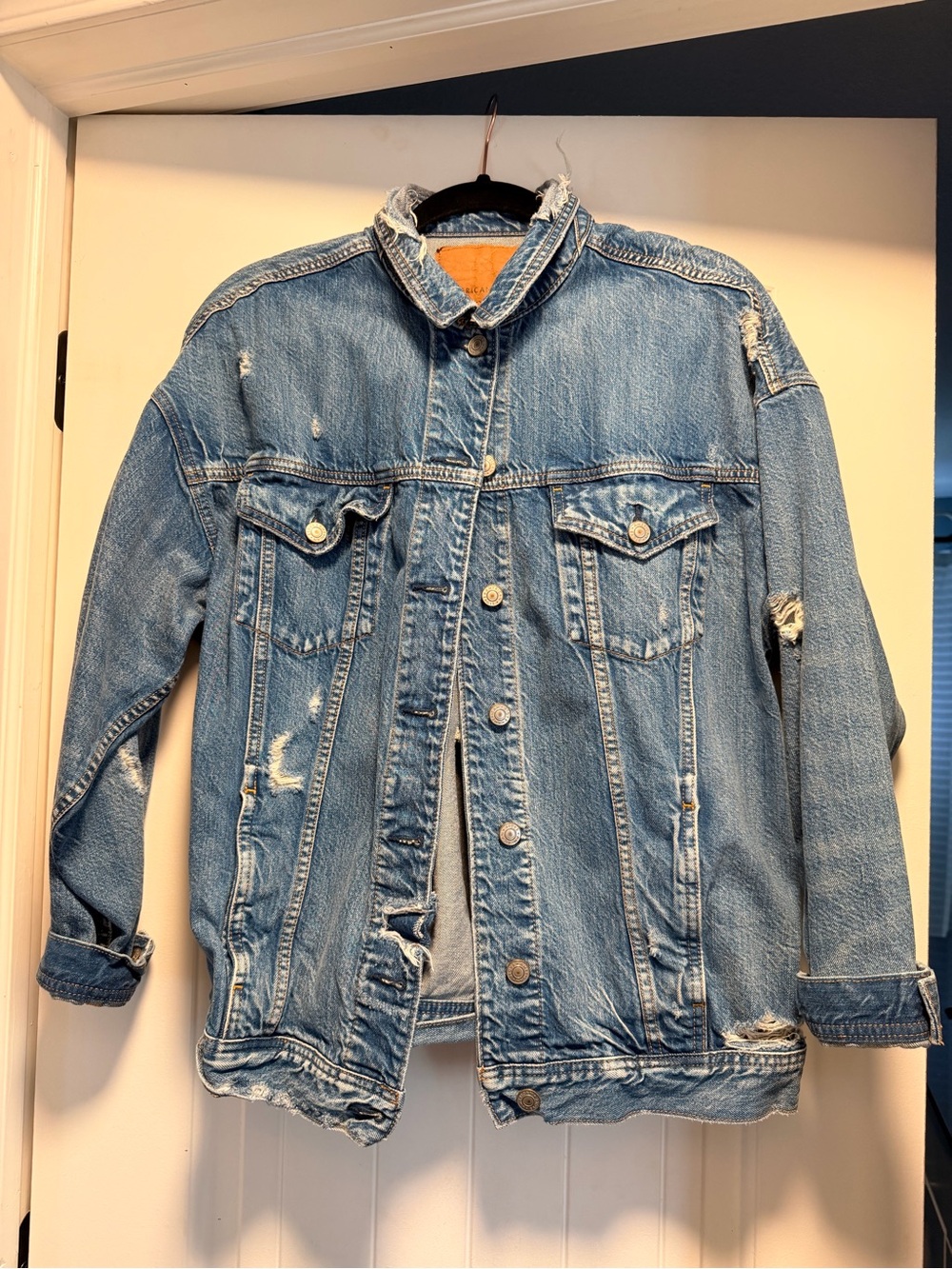 American Eagle Outfitters Light Blue Distressed Denim Jacket